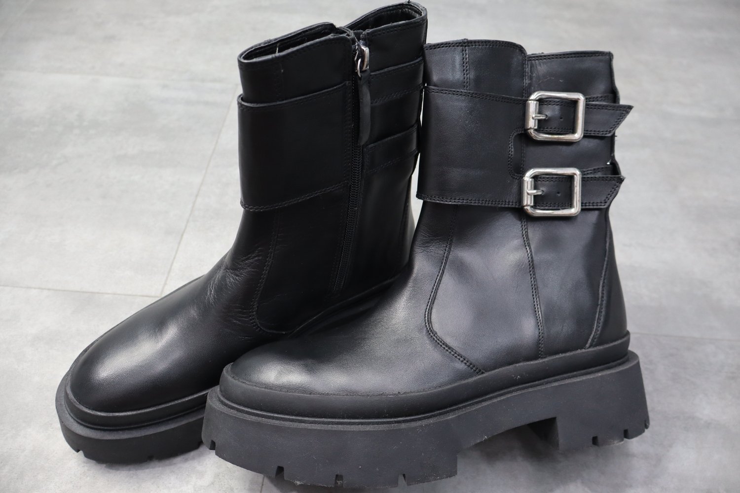 Zara Leather Biker Ankle Boots With Buckles