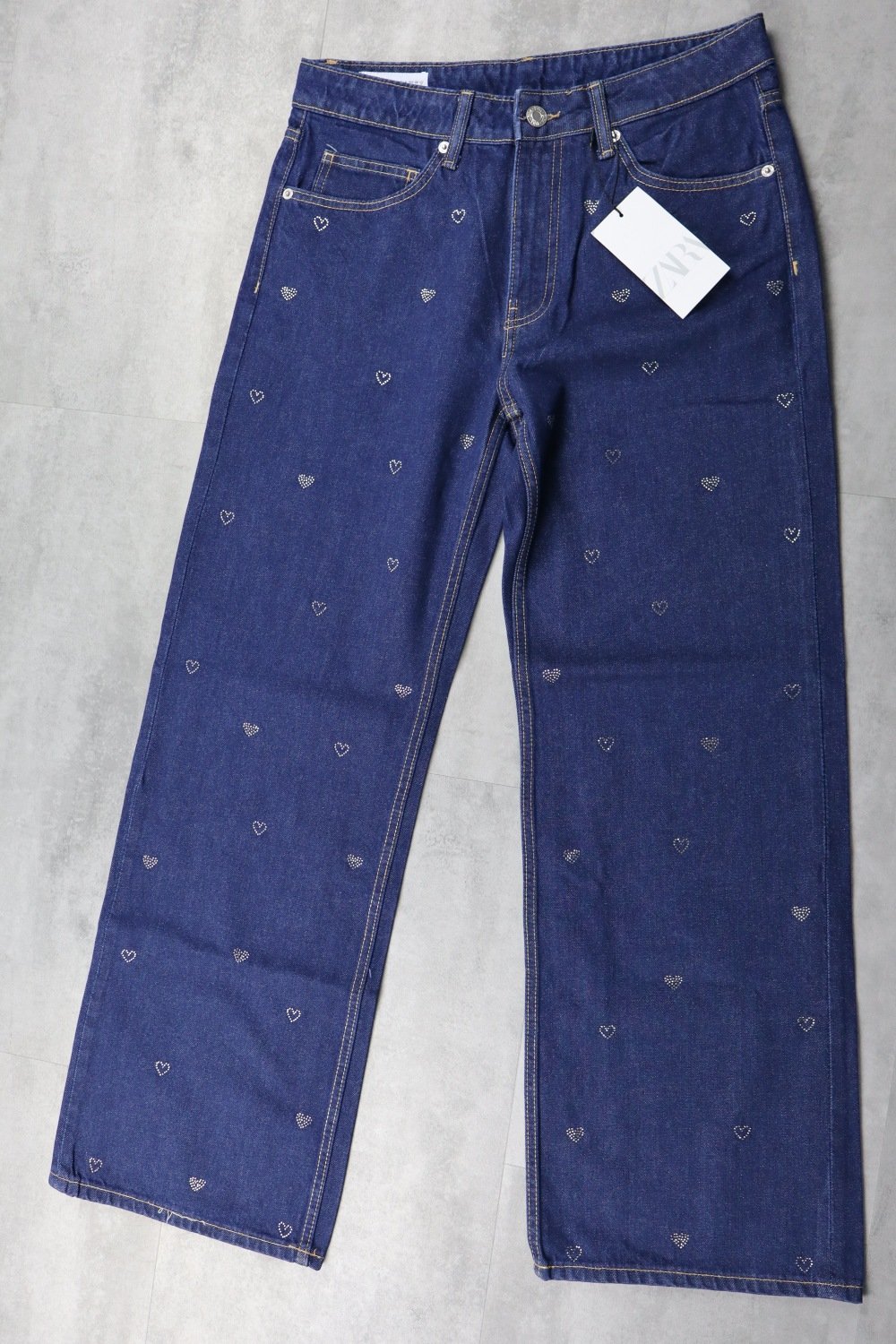 Zara TRF Wide-Leg Jeans With Rhinestone Hearts Mid Rise